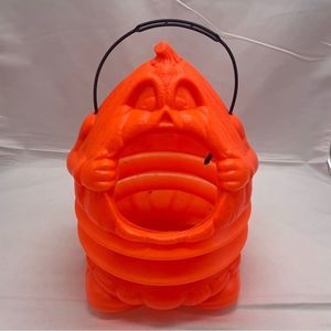 Vintage Halloween Frite N Up Pig Out Pumpkin Blow Mold Candy Bucket trick